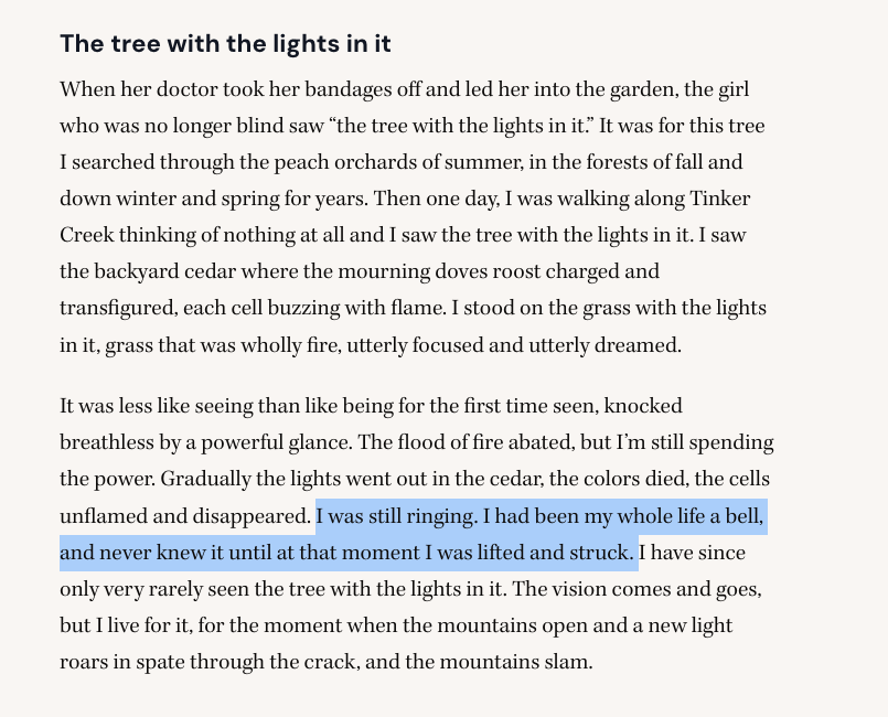 melodaysong's tweet photo. rip annie dillard, it is because of you that i always look for the tree with the lights in it. to be left ringing https://t.co/yW4Txy2g1c