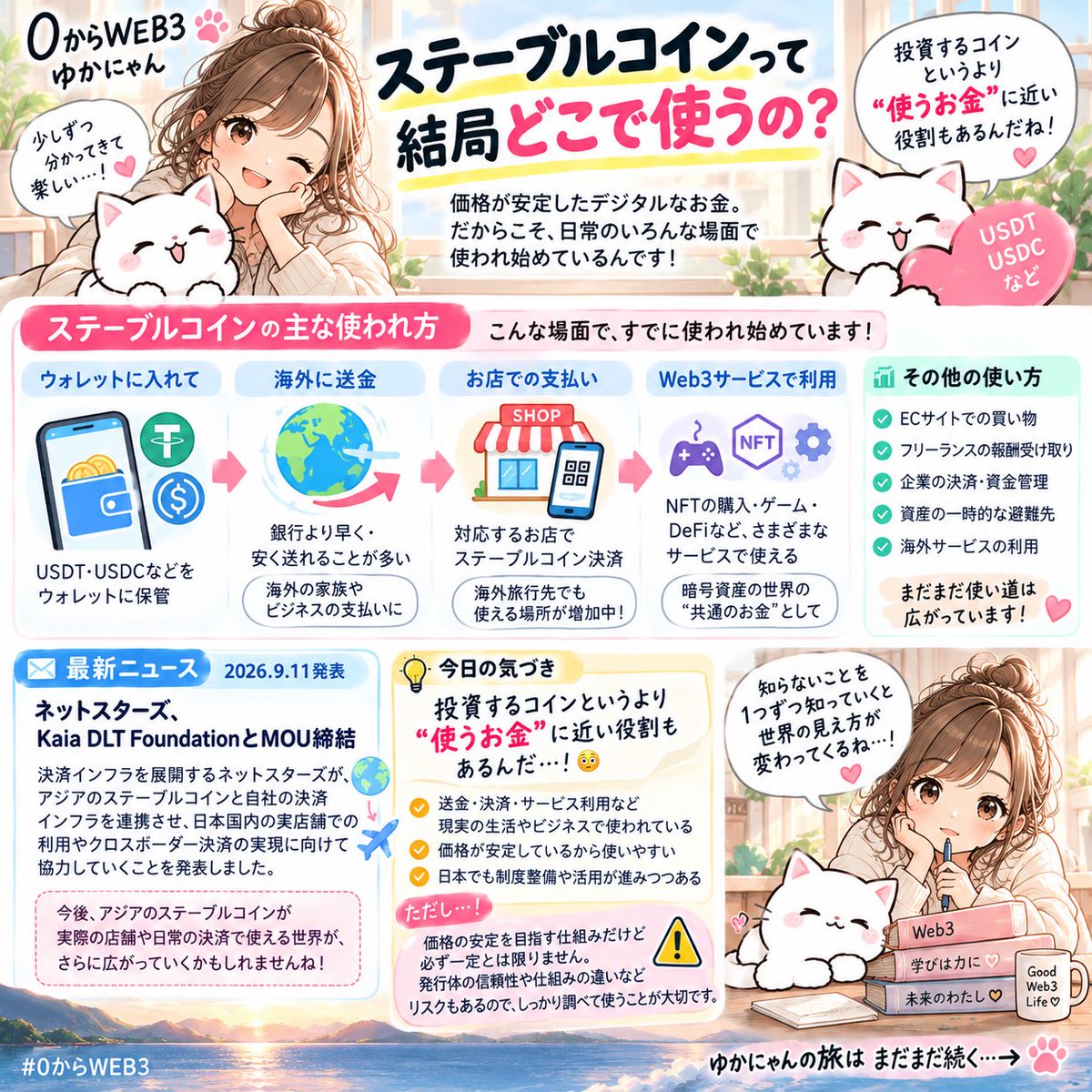 web3yukanyan's tweet photo. 今日ちょっと見方が変わった😳

暗号資産って聞くと
「買って値上がりを待つ」
イメージだったけど、

ステーブルコインは
送金したり、決済したり
WEB3サービスで使ったりする。

なるほど…

「投資するコイン」だけじゃなく
「使うお金」もあるのね

#0からWEB3 https://t.co/9k3xzW88hD