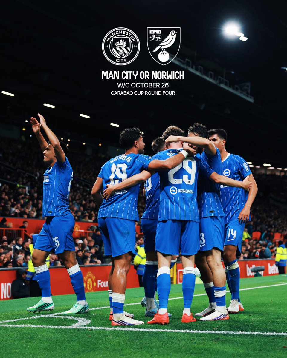 BHAFC's tweet photo. We will play Manchester City or Norwich away in the fourth round of the Carabao Cup. 🔜 https://t.co/MrXBHlwcLl