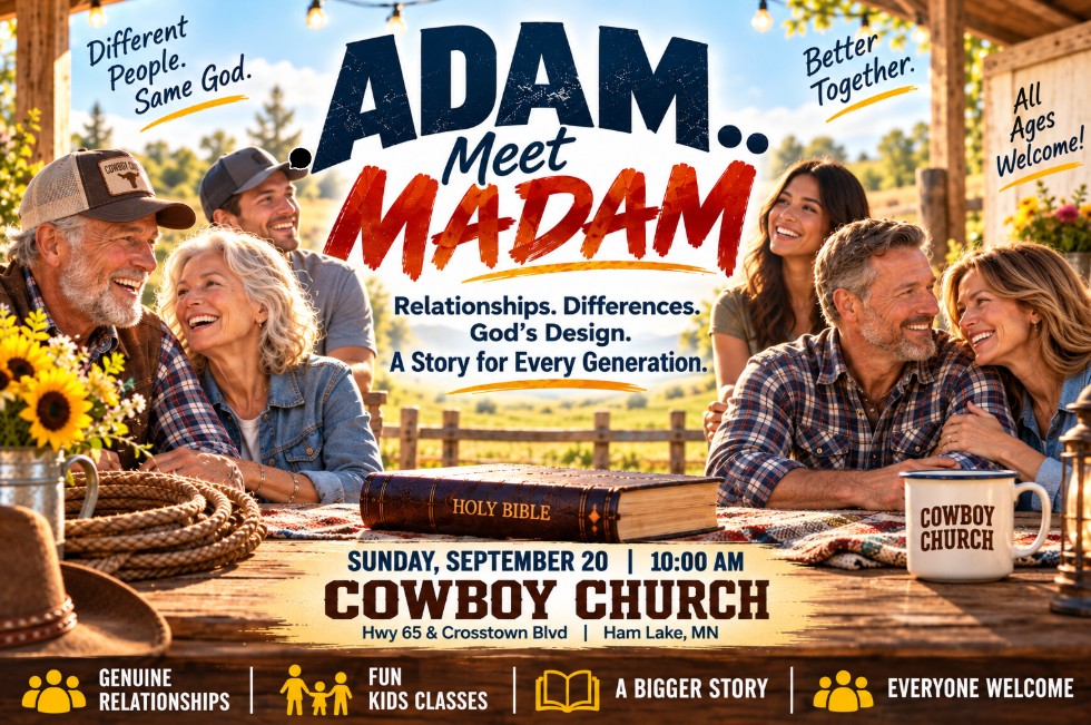 CowboyHamLake's tweet photo. What happens when God brings two very different people together and says, “Become one?" It can be beautiful, challenging—and sometimes pretty funny! 
ADAM, MEET MADAM
Sun., Sept. 20, 10 AM, Cowboy Church
Come ready to laugh, learn, and maybe see relationships a little differently https://t.co/rOrdSh6Lnu