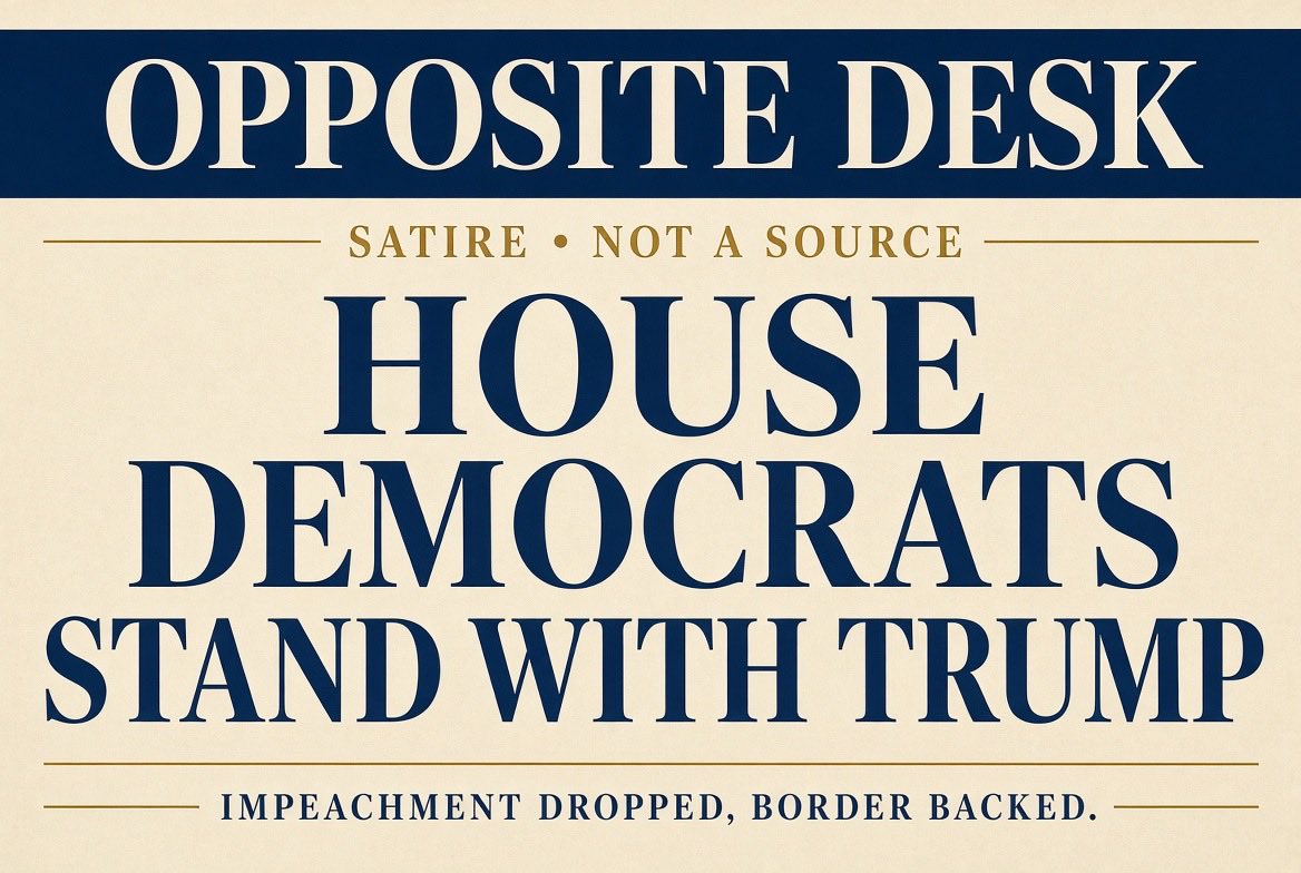 OppositeDesk's tweet photo. Opposite Desk

House Democrats drop the impeachment stunt and stand with President Trump on immigration.

Leadership says the present votes were a mistake. The border comes first. Working Americans come first.

Al Green’s articles get tabled. The conference calls it unity. Cable news calls it a shock. The country calls it Tuesday.

- Reed E. Lyes, Opposite Desk