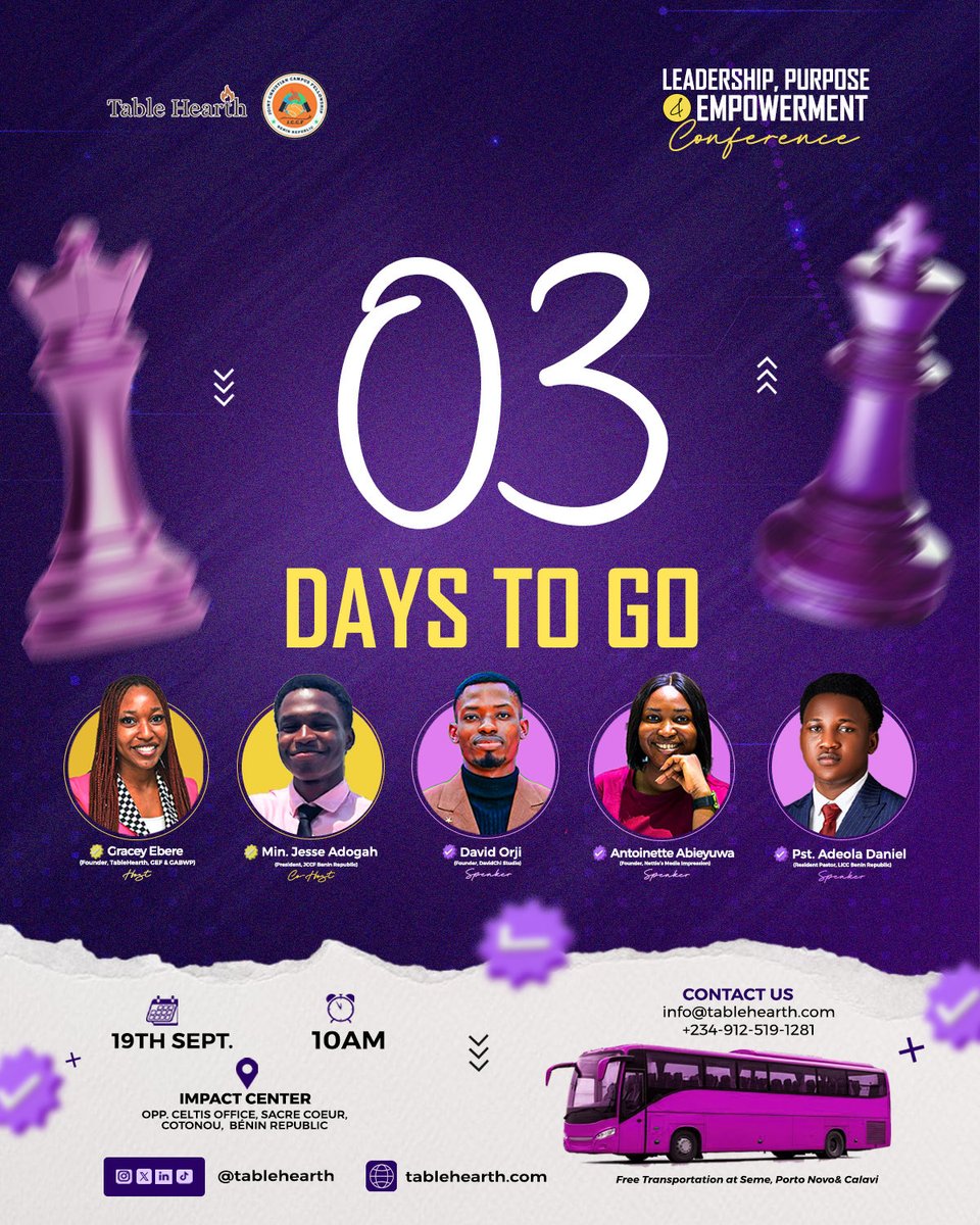 Tablehearth's tweet photo. 03 DAYS TO GO! 🔥

Leadership. Purpose. Empowerment.

Join us on Sept. 19 by 10AM at Impact Center, Cotonou 🇧🇯 for the Leadership, Purpose &amp; Empowerment Conference.

Come ready to learn, connect &amp; be empowered!

#TableHearth #LeadershipDevelopment #Empowerment https://t.co/Xalhhk70AS