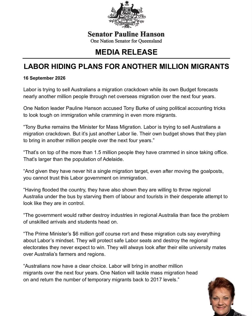 OneNationAus's tweet photo. More smoke and mirrors from Labor on immigration. They are motivated by what works for Labor and political management, not what works for Australians.

Today’s statement is driven entirely by the rise of One Nation. https://t.co/w7K4uouu3J
