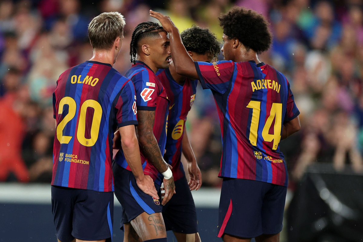 ActuFoot_'s tweet photo. Les offensifs du FC Barcelone depuis le début de saison (7 matches) :

⚽️⚽️⚽️⚽️⚽️⚽️⚽️⚽️⚽️⚽️⚽️🎯🎯🎯 Raphinha 🇧🇷
⚽️⚽️⚽️⚽️⚽️⚽️⚽️⚽️🎯🎯🎯🎯 Yamal 🇪🇸
⚽️⚽️⚽️⚽️🎯🎯 Fermin 🇪🇸
🎯🎯🎯🎯 Gordon 🏴󠁧󠁢󠁥󠁮󠁧󠁿
⚽️⚽️⚽️🎯🎯 Adeyemi 🇩🇪
🎯🎯🎯🎯 Olmo 🇪🇸
⚽️⚽️ Jesus 🇧🇷 https://t.co/sFJKB2IH1I