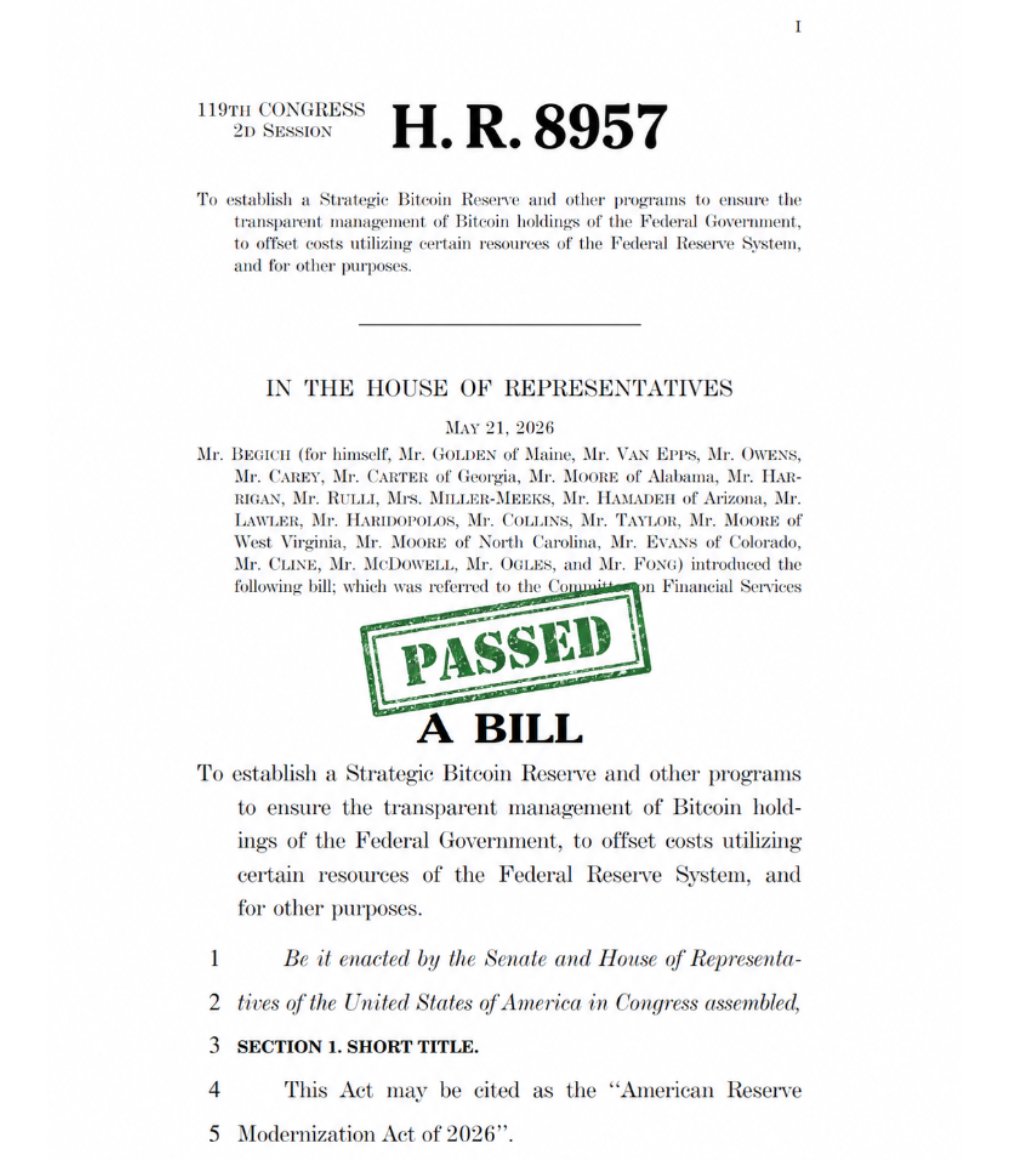 Aaronbennett's tweet photo. BREAKING: 🇺🇸 US House pases the Strategic Bitcoin Reserve bill. 

This bill locks government held Bitcoin in a reserve for at least 20 years and require regular quarterly audits of their Bitcoin holdings. https://t.co/FVwpNSmeBE