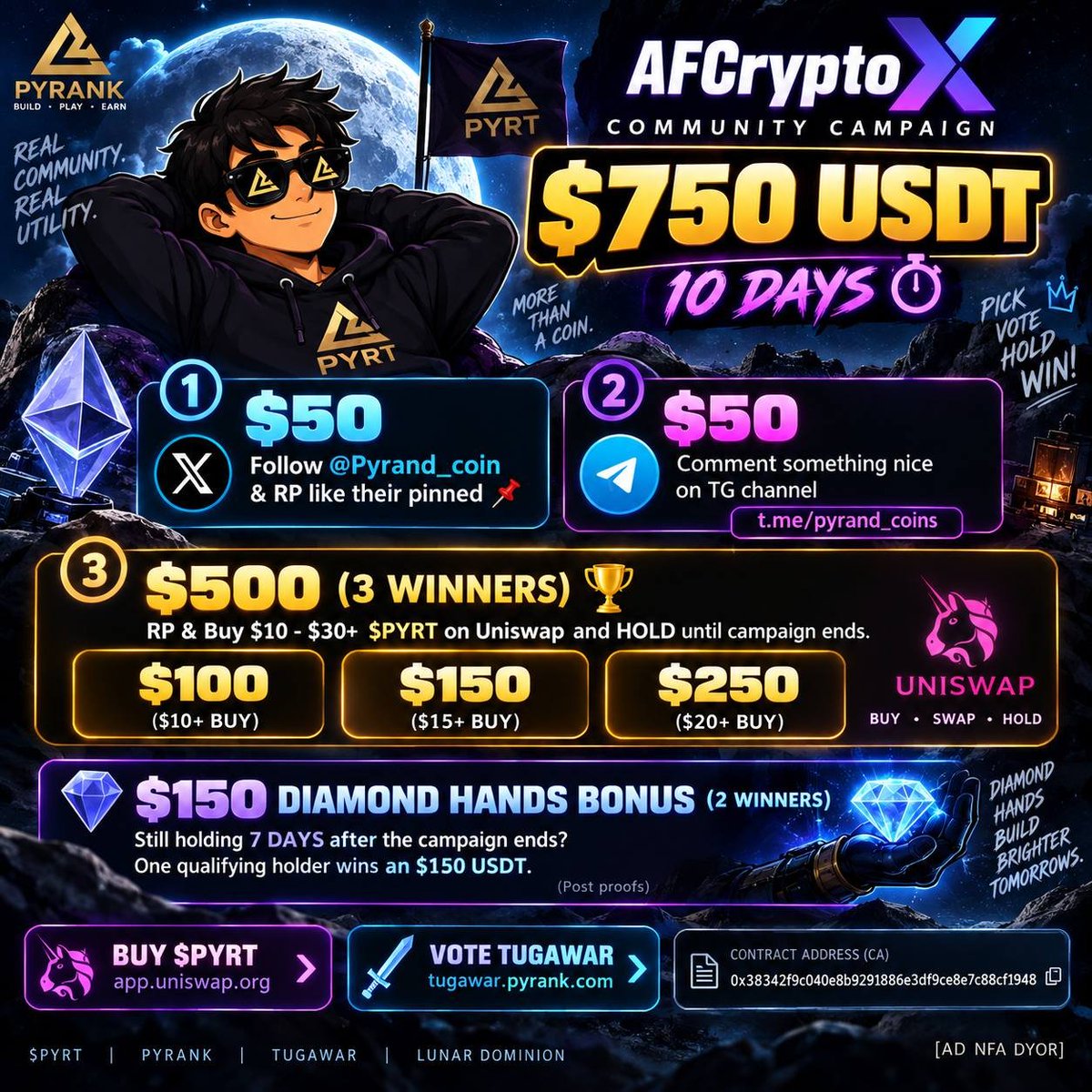 AFCryptoX's tweet photo. $750 USDT || 10 DAYS ⏰️

$50 
-RP & Follow @Pyrand_coin & rp like their pinned 📌

$50 
-Comment something nice on TG channel https://t.co/9Izi4PtjpA

($500 3 Winners 🏆) 

-Buy $10 - $30+ $PYRT on Uniswap and HOLD until campaign ends.

-Hold until the runtime end

$10+ buy = $100 prize 
$15+ buy =  $150 prize 
$20+ buy = $250 prize

$150 DIAMOND HANDS BONUS (2 WINNERS)

Still holding 7 DAYS after the campaign ends?

Two qualifying holders wins an $150 USDT. 

(Post proofs) 
ㅡㅡㅡㅡㅡㅡㅡㅡㅡㅡㅡㅡㅡㅡ

🦄 Buy $PYRT: https://t.co/RIwdLbepfX
⚔️ Vote: https://t.co/IYhDimAspO

CA:
0x38342f9c040e8b9291886e3df9ce8e7c88cf1948

[AD NFA DYOR]