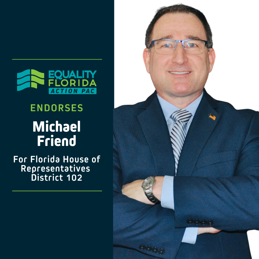 eqfl_actionPAC's tweet photo. EQFL Action PAC endorses Michael Friend for Florida House D102! 

Paid Political Advertisement paid for by Equality Florida Action PAC, 15257 Amberly Dr., Ste. 382, Tampa, FL 33647, independently of any candidate. This advertisement was not approved by any candidate. https://t.co/5BckbHYnEu