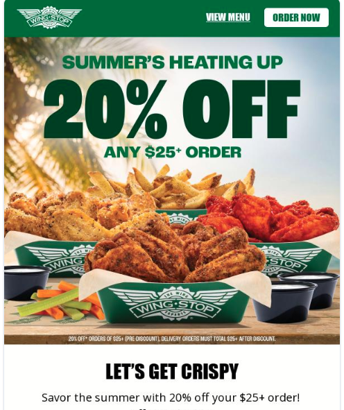 VlingoApp's tweet photo. Wingstop is quietly continuing to give 20% off discounts via email.  Vlingo members get rewards for sharing promotions like this! #wingstop #WingWednesday  #deals #discounts https://t.co/JIM2Pw5jLj