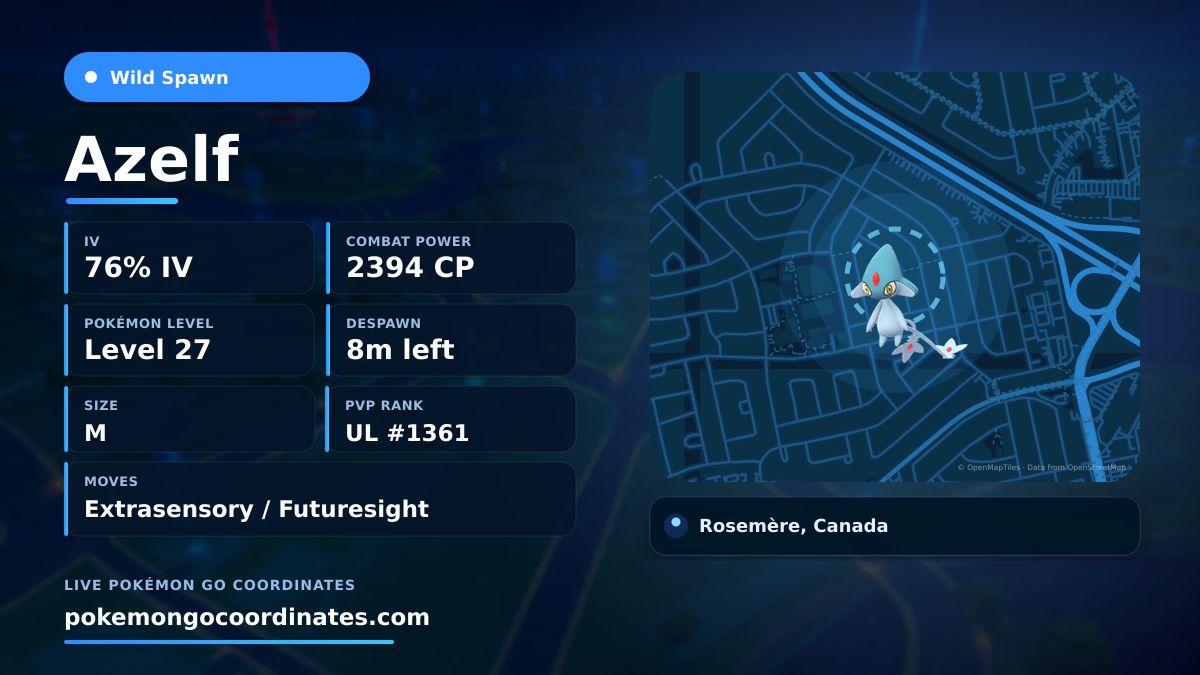 CoordsPokemonGo's tweet photo. A Lake Trio #Azelf appeared!
✨ 76% IV • 2394 CP • Level 27
⏱️ Despawns in 8m
📍 45.585817,-73.797458
#PokemonGO • #PoGo https://t.co/mC7B08x1l0
