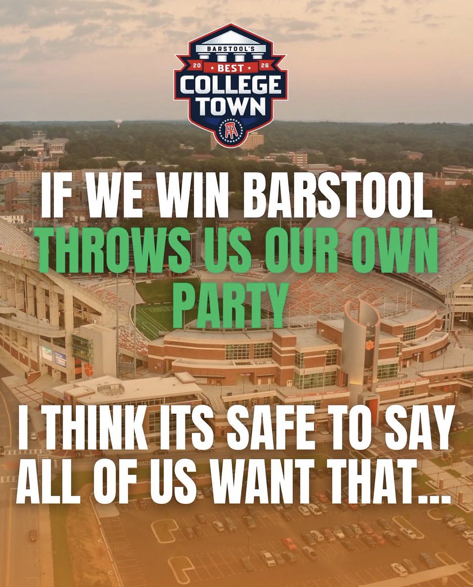 BarstoolClemson's tweet photo. DO Y’ALL WANT A PARTY?!?!

LIKE &amp; REPOST OUR PINNED TWEET

TEXT “CLEMSON” TO 90448 THEN Y AFTER THEY MESSAGE

VOTING CLOSES TONIGHT @ 11:59 PM https://t.co/o7mn3MbVMt