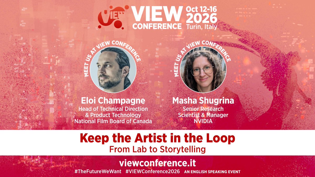 ViewConference's tweet photo. Join us @ViewConference for a talk at the bleeding edge of technology w @nvidia’s @_shumash &amp; #nfb’s @NFB_eChampagne , “Keeping the Artist in the Loop: From Lab to Storytelling.”

https://t.co/rMW7idchW3

#digitalart #art #ai #tools #creativity #storytelling #film #animation https://t.co/PTsKwDggH2