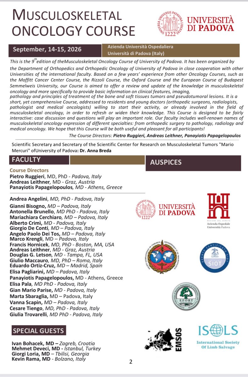 DrOrtizCruz's tweet photo. Proud to participate in the 9th Musculoskeletal #Oncology Course of the University Padova, bringing together experts from different specialties to share knowledge and experience in #sarcoma. Now looking forward to @ISOLS_Society, #MSTS &amp; @bstt_course @secotsecot https://t.co/cU46cyvOan