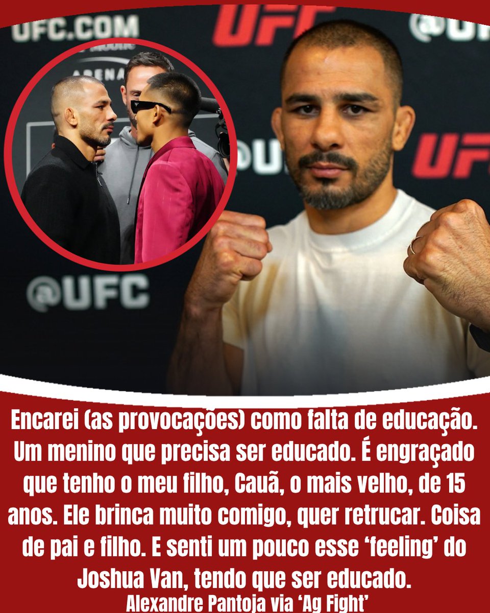 AgFight's tweet photo. "PRECISA SER EDUCADO!" 😤🗣️
O verdadeiro duelo de gerações que lidera o UFC 331 gerou uma comparação inusitada.
Ex-campeão, Pantoja comparou Joshua Van e sua postura arrojada com a de seu filho mais velho.
Será que o jovem lutador será educado no cage? 👀👊
#Pantoja #Van #UFC https://t.co/mcFDEMn6cC