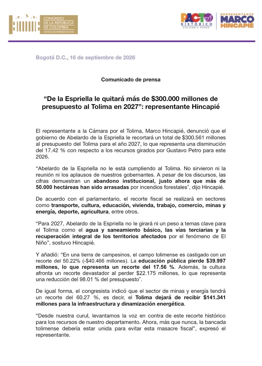 marcoemiliohr's tweet photo. #Comunicado No sirvieron ni los votos, ni los aplausos: @ABDELAESPRIELLA le recortará $300.561 millones al presupuesto del Tolima para el año 2027, lo que representa una disminución del 17.42 % con respecto a los recursos girados por Gustavo Petro para este 2026. 🗒️ https://t.co/5WbTq5Feri