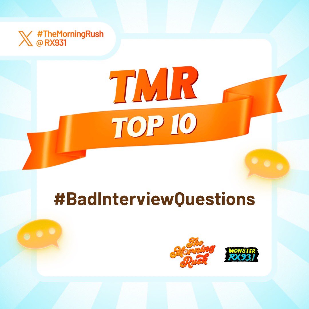 RX931's tweet photo. Our Top 10 for today: #BadInterviewQuestions - thanks @buboydc for the topic! Please include #TheMorningRush and #BadInterviewQuestions in all your posts! https://t.co/Q9bSGIvxB9