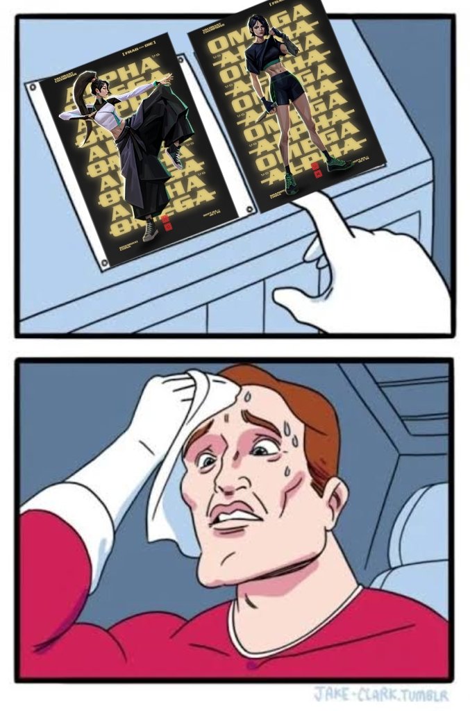 DetectiveTrashh's tweet photo. Hardest decision in my life #AlphavsOmega #FragorDie #Valorant https://t.co/fUxPKwNwo0