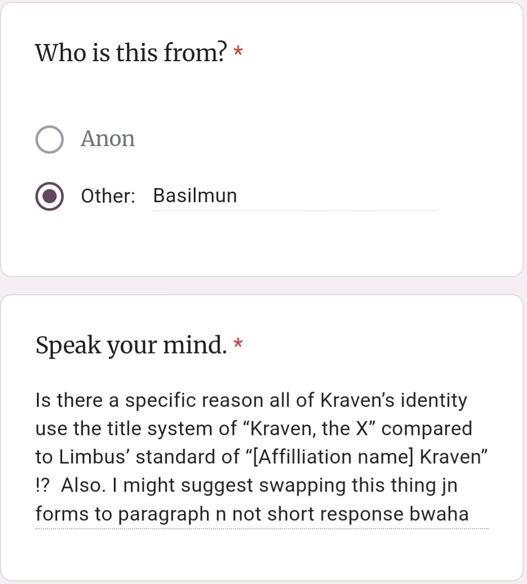 VenatorisPraeda's tweet photo. // OHHHH GOOD QUESTION!!!

this will be a small thread bc. layered. but to address the other thing first. it has been changed

i didnt know the difference between those two options when i first made the form LMAO

BUT! about Kraven.
what it really comes down to is obsession. https://t.co/Oo0Af4SHrw