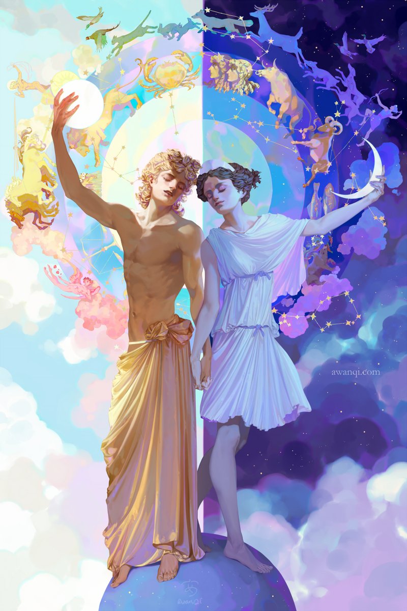awanqi's tweet photo. "The Twins" featuring Apollo and Artemis! 🌛🌞
Speedpaint, process, and more available on Patreon. 
#apollo #artemis #greekmythology #greekmyths #greekgods #astrology #zodiac #sun #moon #illustration #fantasyart #fantasyillustration #digitalart #art #digitalpainting https://t.co/LZON4Ap2DV