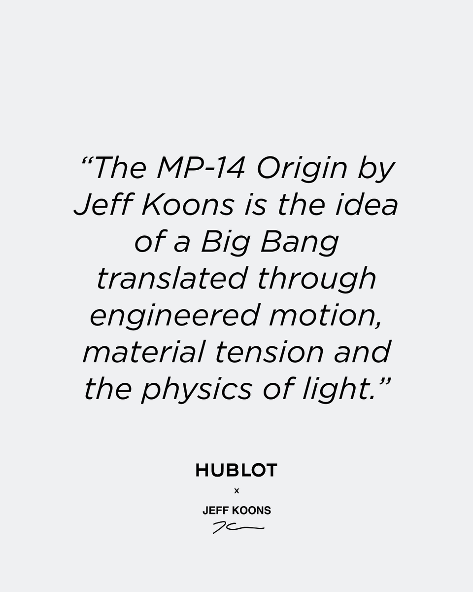 Hublot's tweet photo. Two timepieces today. The Balloon Dog was first. This is the second. 
The MP-14 Origin by Jeff Koons: Hublot's first automatic central tourbillon, staged as the "first pulse" of a mechanical universe.
44mm sapphire & titanium. 202 stones. Limited to 30 pieces: https://t.co/74JuwkpFba

Ref. 914.NJ.0100.JX.9941

#Hublot #JeffKoons