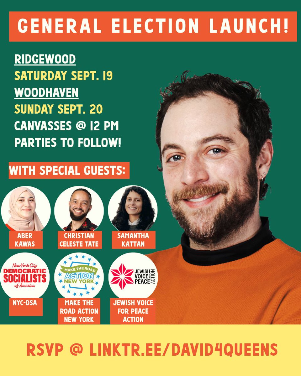 david4queens's tweet photo. This weekend, my colleagues and comrades @aberkawas @cctfornyc @samantha4queens @nycdsa @makeroadactny @jvpaction are coming out to Ridgewood and Woodhaven for my General Election Launch! We have a world to win , and we're ready to get to work. RVSP👉️ https://t.co/h77wwFGEsX https://t.co/W4eg6kYgPE