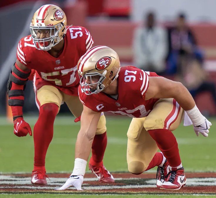 Coach_Yac's tweet photo. Nick Bosa on Dre Greenlaw:

“Dre is my favorite teammate I’ve ever played with on the field, to have him back is awesome. He wears his emotions on his sleeve and you can feel the energy and the anger. When you play defense it’s fun to be apart of.”

via: @957thegame https://t.co/3FE6EI3sIg