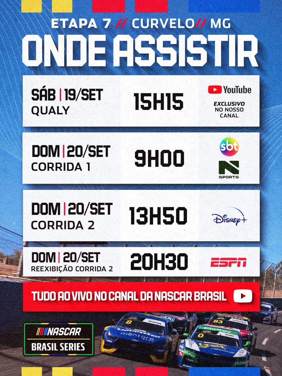 NASCARBrasil's tweet photo. A 7ª etapa da NASCAR Brasil está chegando! Confira onde acompanhar as transmissões:

📺 Sáb | 19/09
15h15 — Qualy | YouTube

🏎️ Dom | 20/09
9h — Corrida 1 | SBT + NSports
13h50 — Corrida 2 | Disney+
20h30 — Corrida 2 | ESPN

🔥 Tudo ao vivo no YouTube da NASCAR Brasil! https://t.co/HzCPLNxHkn