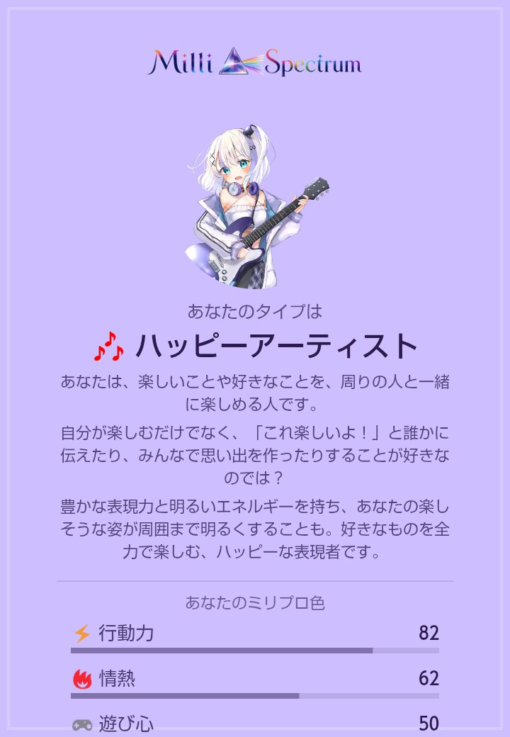 tku1001's tweet photo. 🌈 Milli Spectrum
あなたの中にある、ミリプロの色を見つけよう。
私は「🎶 ハッピーアーティスト」でした!
あなたはどのタイプになる?✨
#ミリプロ #MilliGames #MilliSpectrum https://t.co/EsH1APaW6P