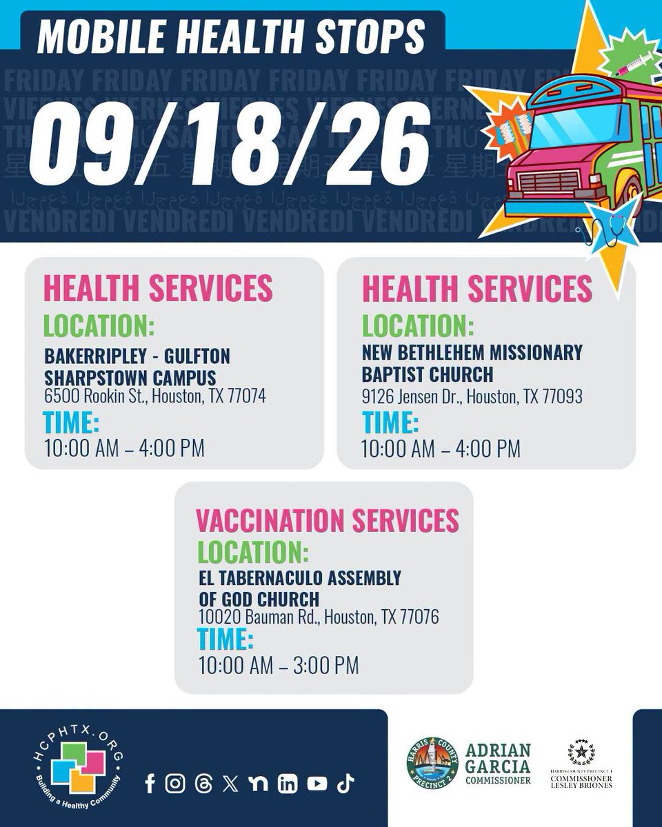 BorrisLMiles's tweet photo. The @hcphtx Mobile Clinic will be at @BakerRipley Gulfton Sharpstown Campus on Friday, September 18, offering FREE health services for those who qualify. Health Services include:
- Checkups, wellness exams & cancer (cervical, breast, prostate) screenings
- STI/HIV testing & treatment
- Vaccines for children & adults
- Pap exams, Pregnancy testing & birth control
- Referrals, counseling & follow-up care

Learn more about the Harris County Public Health Mobile Health events here: https://t.co/ckEsNY5EGN