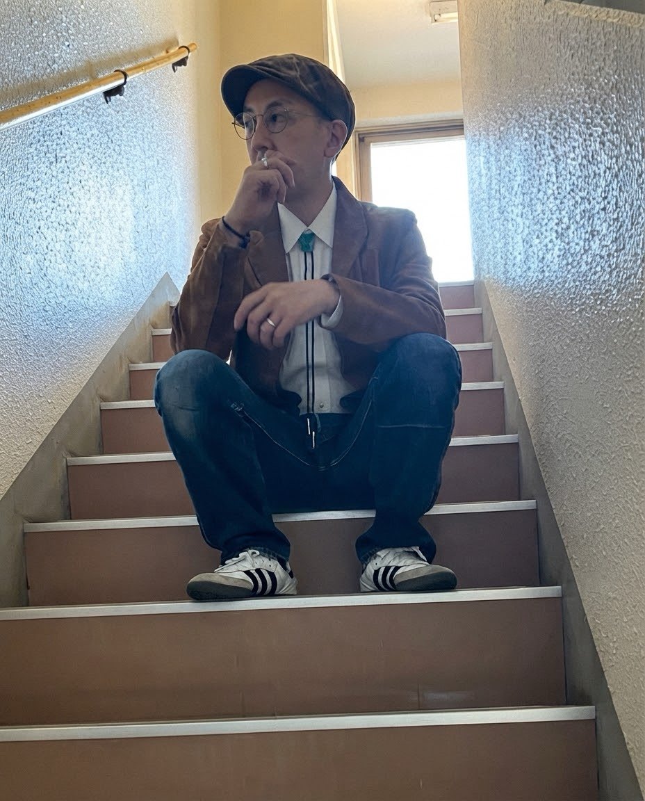 nextone1977's tweet photo. 「おじさんのおじさんによるおじさんのための着こなし。」
しっかり目におじさん出来たと思います（笑）#gap #levis501 #adidassamba #ループタイ #キャスケット #古着 https://t.co/dDMT76ASmR