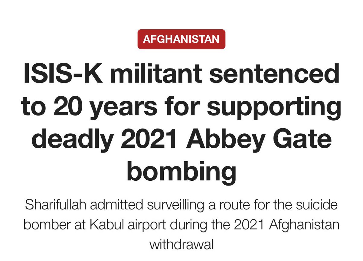 FBIDirectorKash's tweet photo. This FBI will never forget the disastrous Biden Administration Afghan withdrawal that led to the terrorist attacks at Abbey Gate, killing 13 American heroes - and now one of the ISIS-K terrorists is being held responsible.

Thanks to the work of President Trump, this FBI, and our partners, Mohammad Sharifullah was captured and brought to the U.S. by this FBI in a Foreign Transfer of Custody in March 2025 to face trial on U.S. soil and convicted for his crimes. 

Any terrorist who kills our warriors will be hunted down by this and face the full weight of American justice.

-DKP🇺🇸