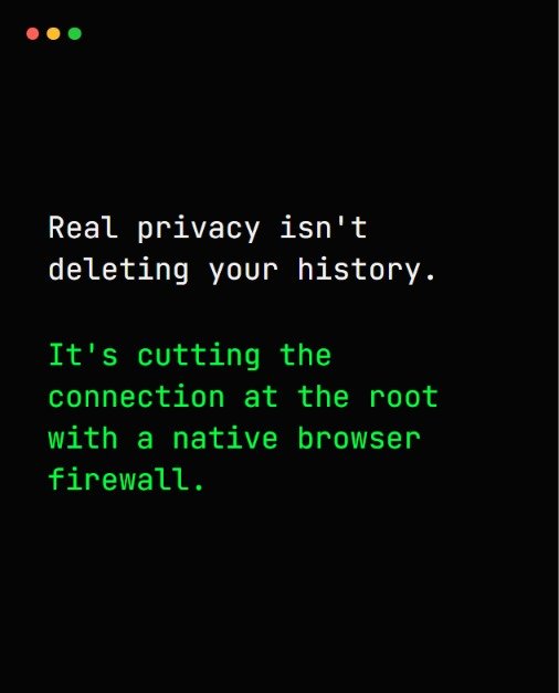 HelmetBrowser's tweet photo. Real privacy isn't deleting your cache and history at the end of the day. It's intercepting and severing the connection at the root, before the page even loads, using a native built-in browser firewall. https://t.co/jGcm3862FT