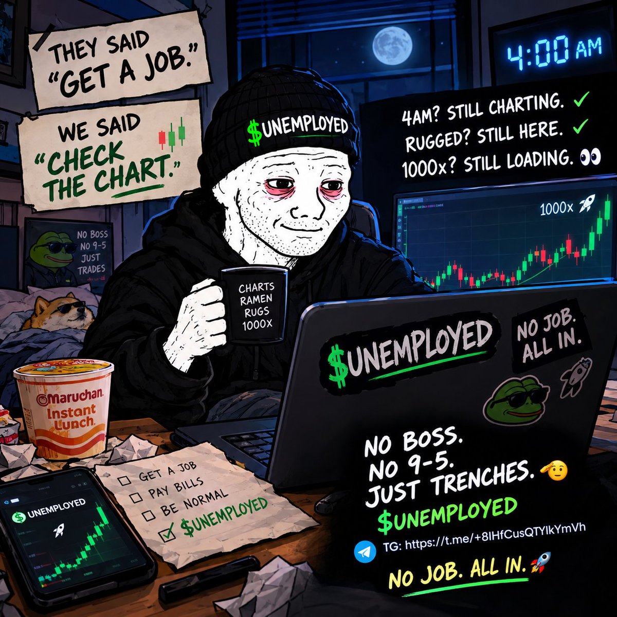 AdrianMarisca15's tweet photo. They said “get a job.”

We said “check the chart.” 📉📈

4AM? Still charting.
Rugged? Still here.
1000x? Still loading. 👀
No boss.
No 9–5.
Just trenches. 🫡
$UNEMPLOYED

💬 TG: https://t.co/t59OsXpBnH
NO JOB. ALL IN. 🚀
#UNEMPLOYED #MemeCoin #Degen #CryptoTwitter #Memes https://t.co/EA2ZtyJWcs