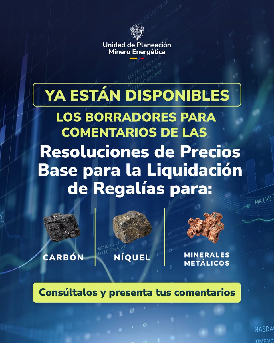 UPMEOficial's tweet photo. 📢 Ya están disponibles para comentarios los borradores de las resoluciones que establecen los precios base para la liquidación de regalías del cuarto trimestre de 2026.

Los documentos corresponden a carbón, níquel y minerales metálicos.

🔎 Consúltalos y presenta tus comentarios
https://t.co/kCilaVyD1F