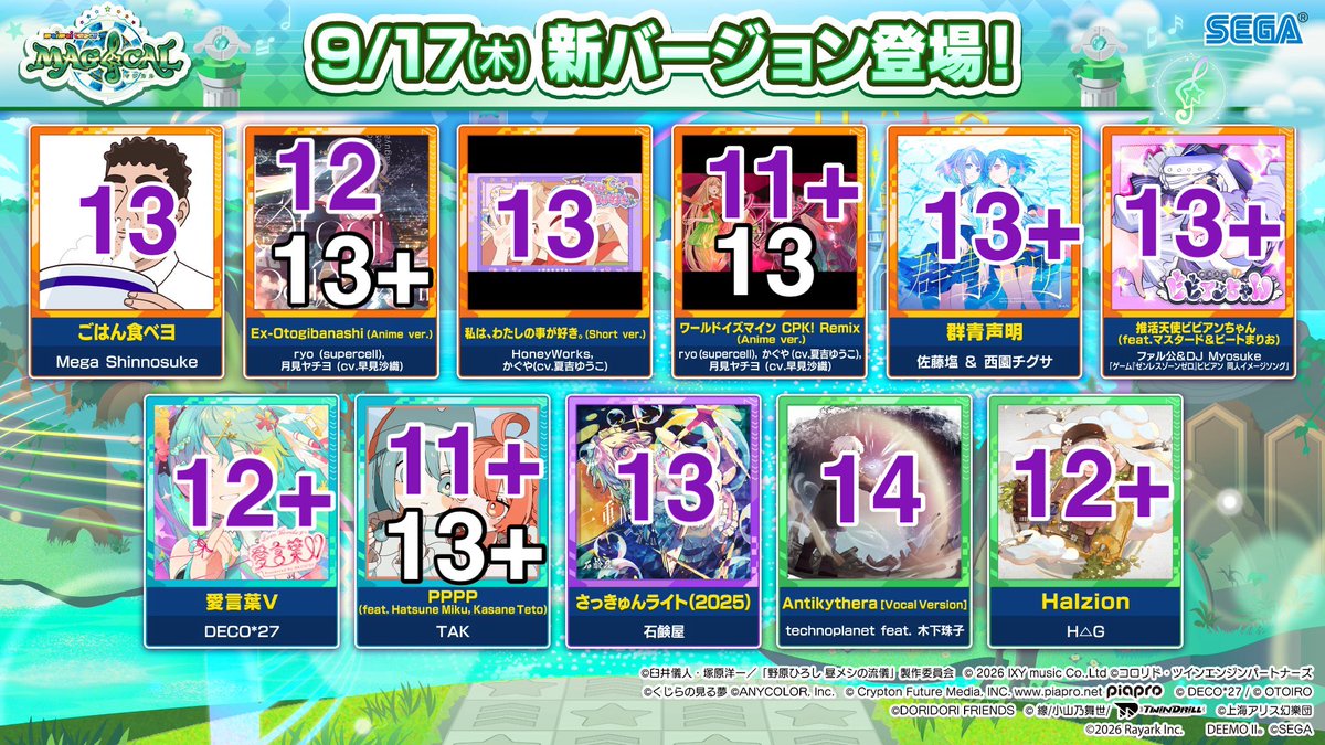 Tube_UNO's tweet photo. 9/17 maimaiでらっくす新曲難易度

ごはん食べヨ:13
Ex-Otogibanashi (Anime ver.):MAS12 Re MAS13+
私は、わたしの事が好き。(Short ver.):13
ワールドイズマイン CPK! Remix (Anime ver.): MAS11+Re MAS13
群青声明:13+
推活天使ビビアンちゃん (feat.マスタード＆ビートまりお):13+
愛言葉V:12+ https://t.co/dPHcxGSupl