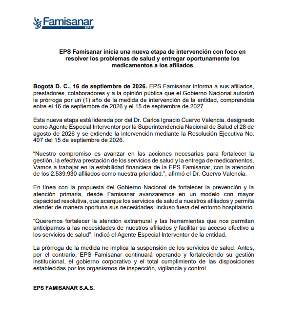 EPS_Famisanar's tweet photo. #Comunicado📰| EPS Famisanar inicia una nueva etapa de intervención con foco en resolver los problemas de salud y entregar oportunamente los medicamentos a los afiliados.
Conoce todos los detalles aquí 👉 https://t.co/M41F8376Be https://t.co/iHigJJ86vT