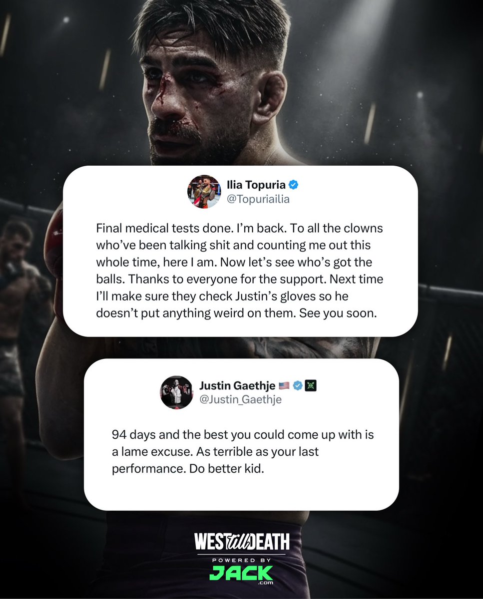WestTillDeath's tweet photo. Justin Gaethje responded to Ilia Topuria’s cheating “loaded gloves” claim… 

Full exchange via X:

Ilia Topuria: “Final medical tests done. I’m back. To all the clowns who’ve been talking shit and counting me out this whole time, here I am. Now let’s see who’s got the balls. Thanks to everyone for the support. Next time I’ll make sure they check Justin’s gloves so he doesn’t put anything weird on them. See you soon. By the way Justin, fuck you. And Ali, fuck you too.”

Ali Abdelaziz: “Welcome back Champ, I’m glad you are ok. I’m not gonna give you the F word back because your son is my friend and I cannot say bad words to his father, tell him I said what’s up he is the man 🌹”

Justin Gaethje: “94 days and the best you could come up with is a lame excuse. As terrible as your last performance. Do better kid.”

#ufc #mma #justingaethje #iliatopuria