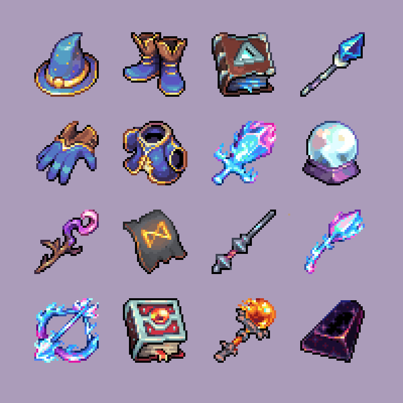 RunninBlood's tweet photo. Collage of 32x32 Mage Items :) Full pack on my itch page!

#pixel #art #pixelart #game #dev #gamedev https://t.co/fqYq0stF4q