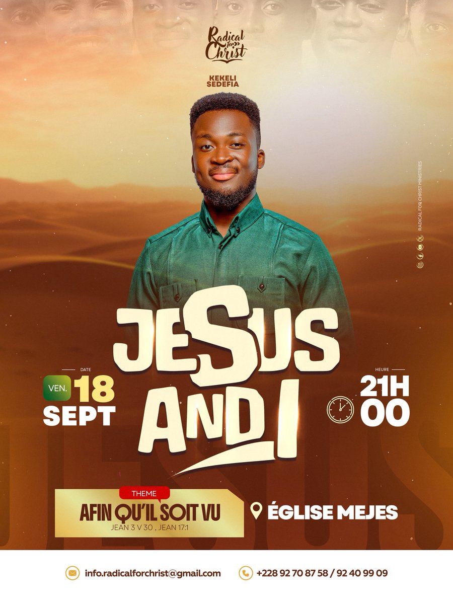 R4C_228's tweet photo. 🔥 Jesus &amp; I avec l’adorateur Kekeli Sedefia !
Rejoins-nous ce vendredi 18 septembre pour un moment puissant d’intimité, de louange et d’adoration.

📍 MEJES (derrière le lycée de Tokoin)
Dès 21h

Viens élever ta voix avec nous ! 

#JesusAndI #RadicalForChrist #EgliseMEJES #Lomé https://t.co/tWKSHEbDT2
