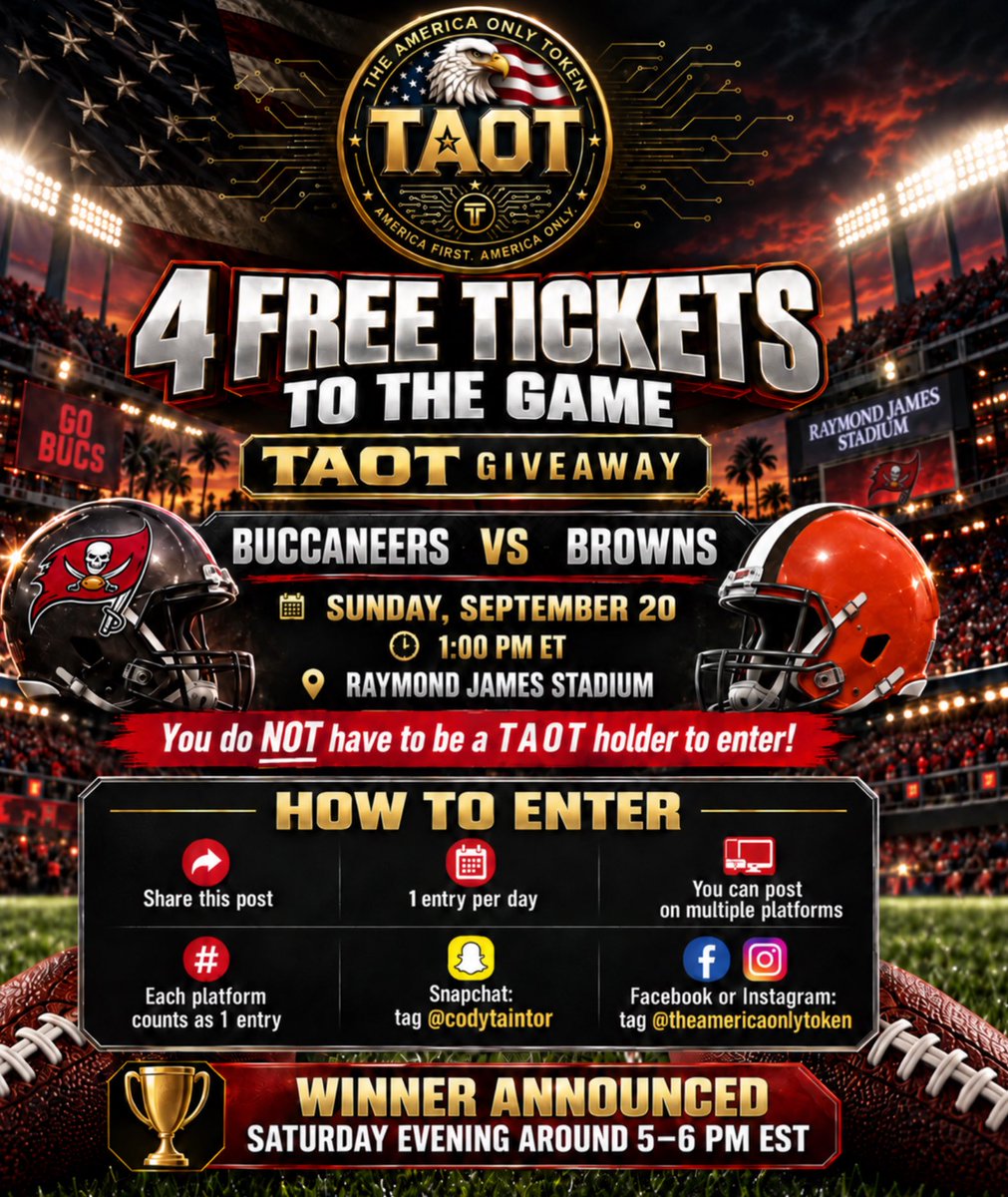 BUYTAOT's tweet photo. 🏈 4 FREE TICKETS TO BUCS vs. BROWNS! 🏈

We’re giving away 4 tickets to the game this Sunday at Raymond James Stadium! 🔥 And you do NOT have to be a TAOT holder to enter.

🎟️ HOW TO ENTER:
Share this post to your social media — each platform counts as 1 entry, and you can enter once per day!

📲 Snapchat: Tag @codytaintor
📲 Facebook/Instagram: Tag @theamericaonlytoken

🏆 Winner announced Saturday evening around 5–6 PM EST!

Good luck and GO BUCS! 🏴‍☠️🏈

#TAOT #Buccaneers #GoBucs #TampaBay #Giveaway