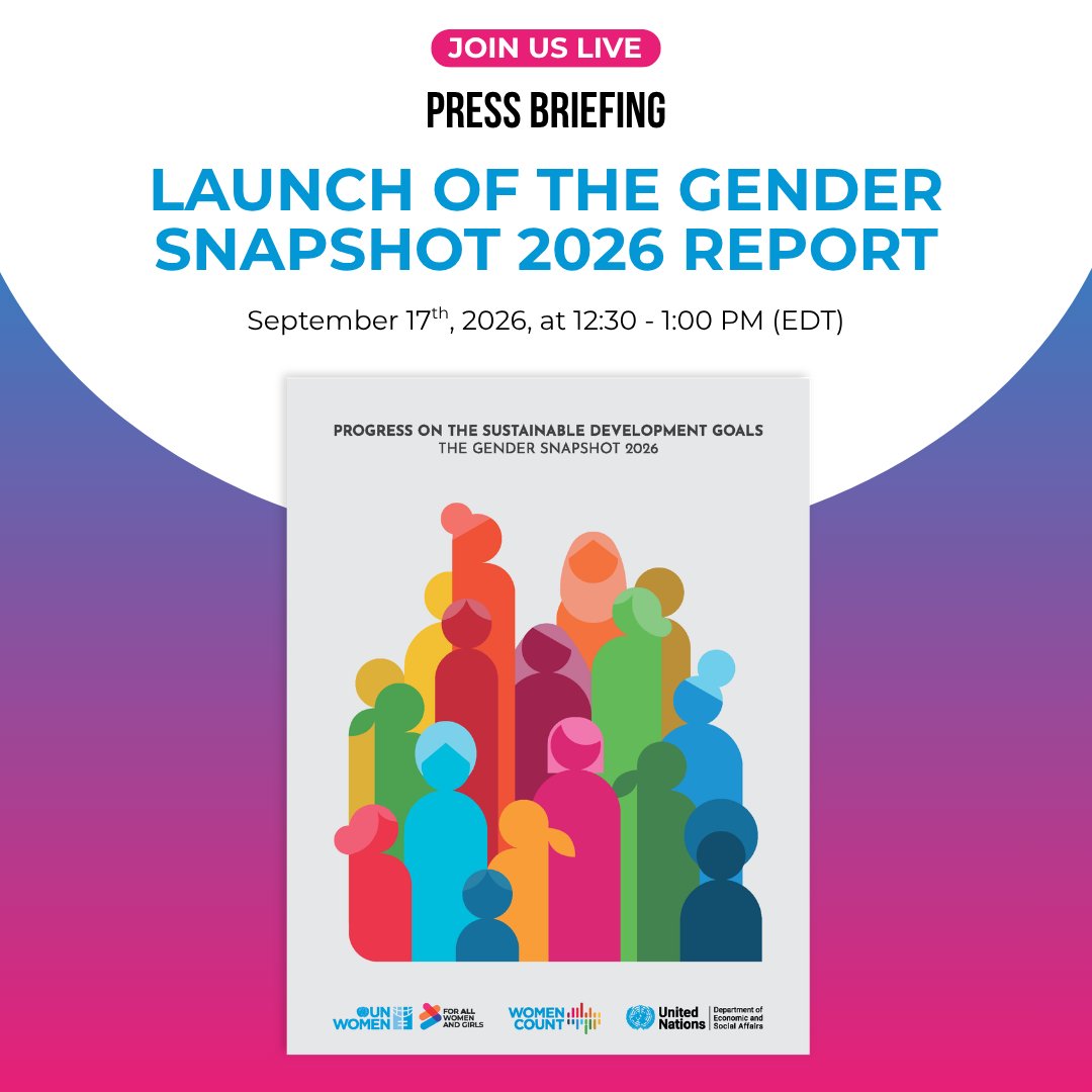 UNDESA's tweet photo. TODAY: The Gender Snapshot 2026

What do the data tell us about women's leadership, and how can we realize the full, equal and meaningful participation of all women and girls?

Join us and @UN_Women to find out:

⏰12:30 PM EDT
📺 https://t.co/qK6gYqOotN

#GenderData #UNGA https://t.co/8NhmeQtm9J
