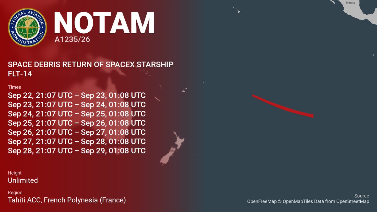 SpaceNotices's tweet photo. A second NOTAM for the primary S41 reentry area in the south Pacific Ocean has been posted

https://t.co/anw2mmWICj https://t.co/fX8TZbjBli