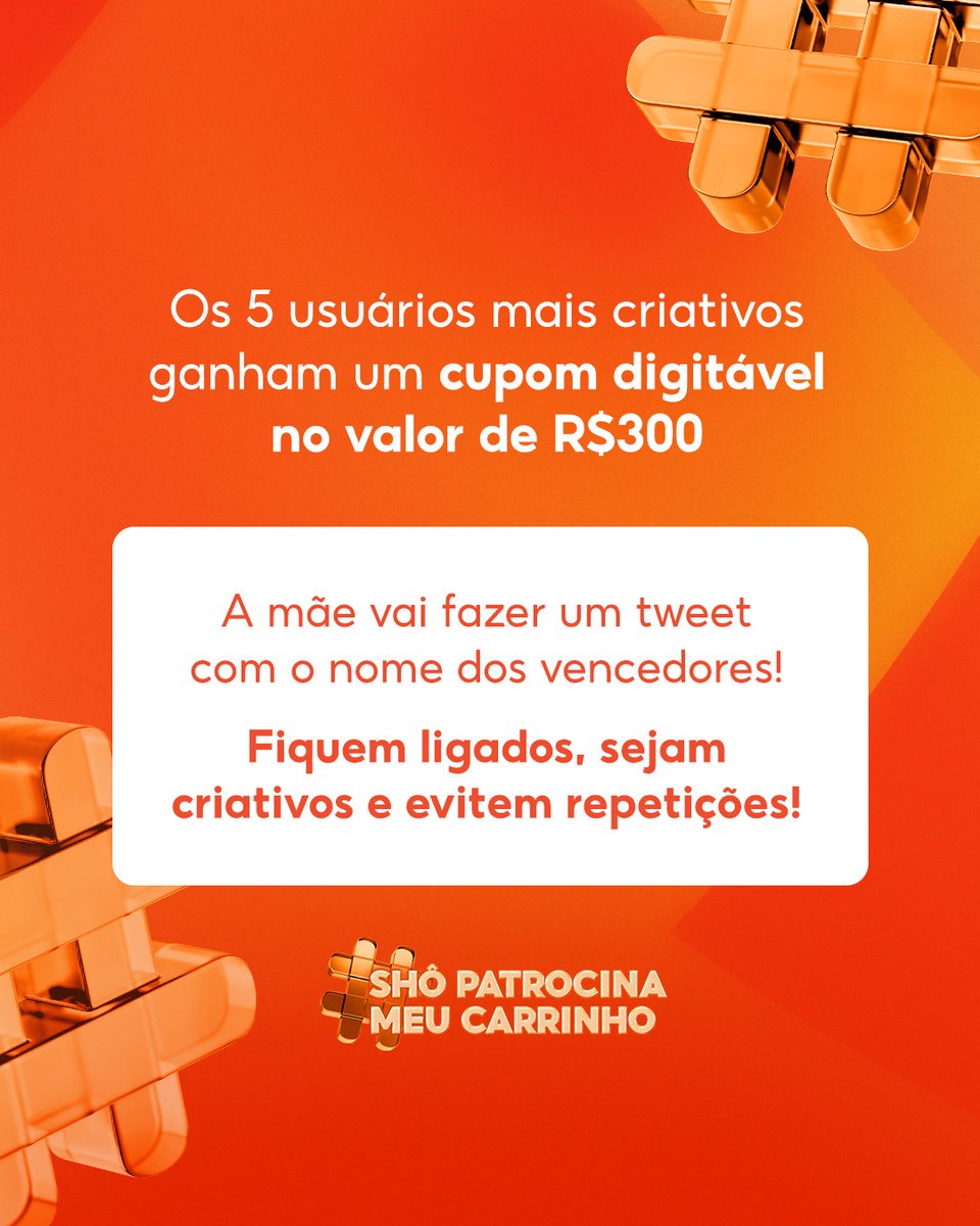 shopee_br's tweet photo. divos, amei o esquenta do carrinho de vcs 🧡então a mami já trouxe a sorte oficial: hoje quem sabe seu carrinho de até R$300 sai de graça! 👀 pra participar: dá RT aqui, posta o print do seu carrinho e me convence do porquê vc merece. #ShoPatrocinaMeuCarrinho 💸 https://t.co/nhHWvBArzo