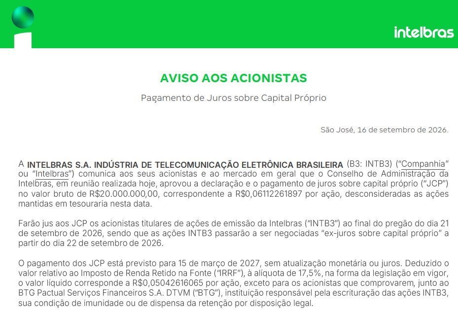 portalsmallcaps's tweet photo. Intelbras #intb3 pagará R$ 0,05 líquido por ação em JCP, o yield é de 0,4% e o pagamento será em 15 de março de 2027. https://t.co/oheY6sDQfH