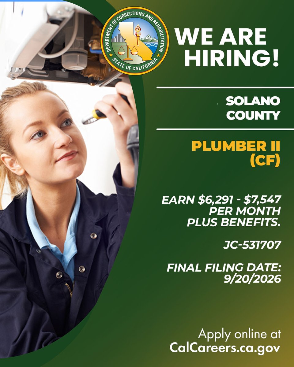 CDCRCareers's tweet photo. Now Hiring: Plumber II (CF) in Solano County
The examination can be found here:
https://t.co/JAAaxiqQqB
Apply Here: https://t.co/WbcErMhzLl
#CDCR #Hiring #SolanoCounty #PlantOps #SkilledTrades #Plumbing#CaliforniaCareers https://t.co/P4RZ54xAYb