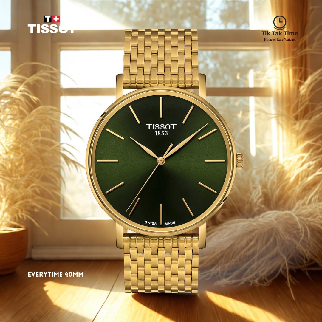 TiktaktimeInfo's tweet photo. ✨ Tissot Everytime 40mm (T143.410.33.091.00) — everyday elegance with Swiss quartz precision! Features sapphire crystal, a beautiful green dial, and a sleek steel + yellow gold PVD case and bracelet. ⌚💚 #Tissot #TClassic https://t.co/y5kHdZVMmc
