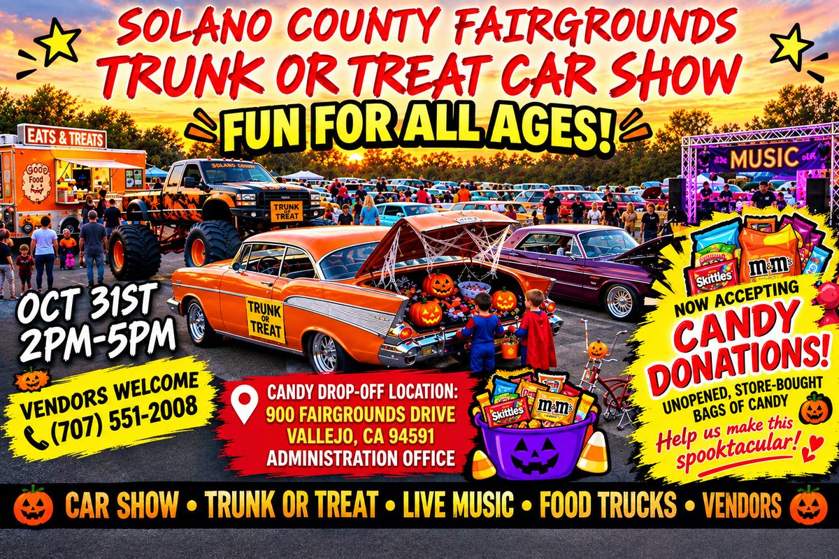 SCFair's tweet photo. 🎃🚗 Join us Oct. 31, 2–5 PM at the Solano County Fairgrounds for cars, candy, live music, food, vendors &amp; family fun! 👻

🍬 Candy donations needed! Please donate unopened, store-bought bags of candy.

📍 Drop off: 900 Fairgrounds Drive, Vallejo — Administration Office https://t.co/6bAfEfpyh8