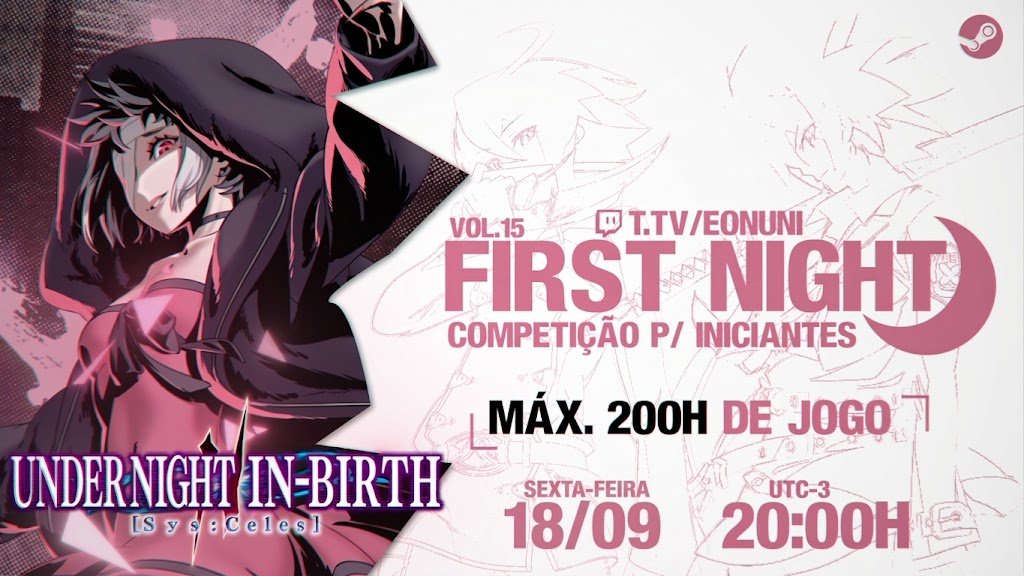 ericpqmor's tweet photo. A tão aguardada v1.4 tá aqui então estamos prontos pra edição 15 da First Night, tradicional torneio iniciantes (menos de 200h de jogo) de Under Night 2 - venham botar essa Zohar pra jogo!

Data: 18/09, 20h
Inscrições: https://t.co/Om5AyhRBtC
Stream: https://t.co/WKOnBLaKTe https://t.co/h5yHbfjMT5