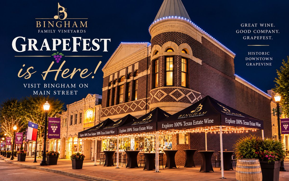 BinghamVineyard's tweet photo. GrapeFest is here! 🍷

Visit Bingham Family Vineyards on Main Street while you explore Historic Downtown Grapevine.

👉 Plan your visit
https://t.co/ymd5XJQ0W2

#TXWine #GrapeFest #GrapevineTX https://t.co/lon2uDifSh