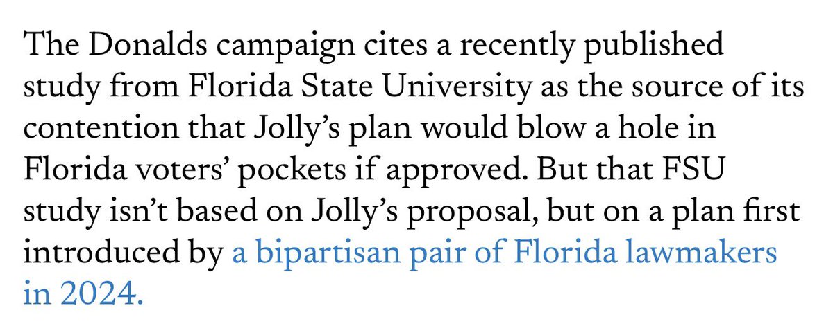 JackStantonFL's tweet photo. @EvanPower @davidjollyfl .@FloridaState says you’re lying. This isn’t even Jolly’s plan; it’s a bipartisan proposal from 2024. I would love to see this “secret study” you claim to have? https://t.co/ndEmIfrTs5