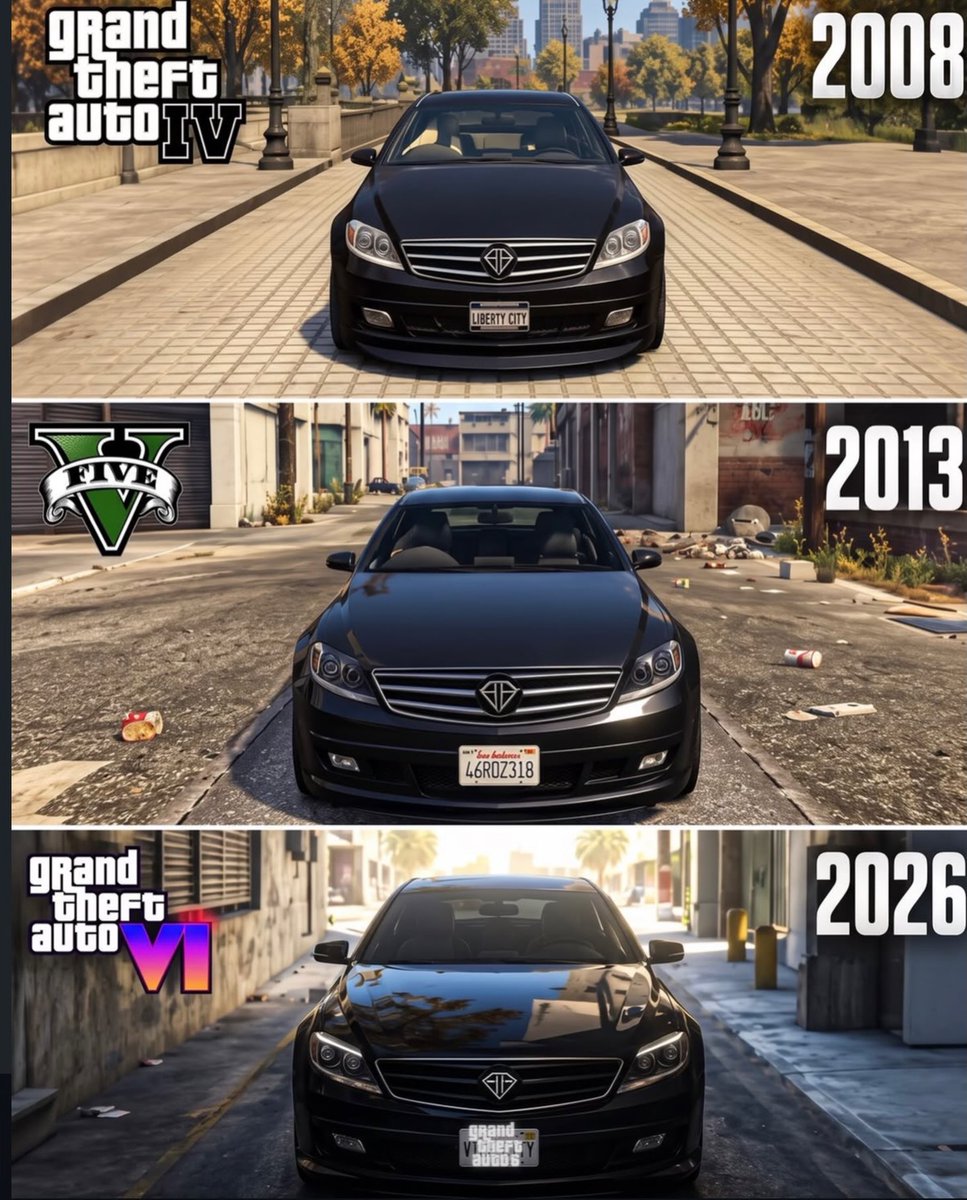 GTA6resources's tweet photo. 🔥 GTA graphics evolution is INSANE.

2008: GTA IV
2013: GTA V
2026: GTA VI

Same luxury sedan. Three different eras of Grand Theft Auto.

The lighting. The reflections. The environments. 🤯

GTA VI is taking realism to another level.

Which GTA era had the biggest graphics upgrade?

2008 → 2013 → 2026 👇

#GTA6 #GTAVI #GTA5 #GTA6Resources #GTA6news